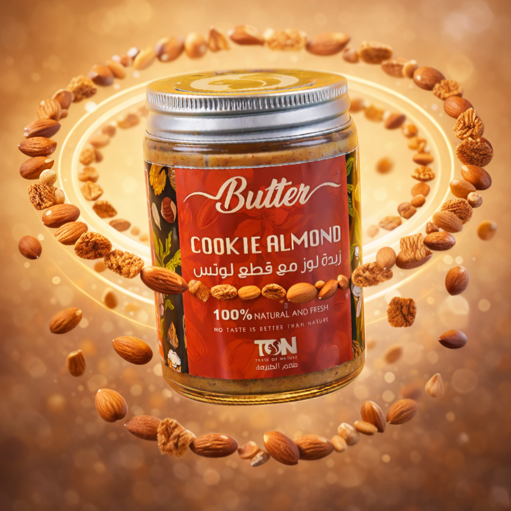 Jar of 'Cookie Almond Butter' surrounded by almonds TON KUWAIT