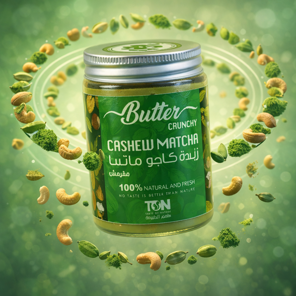 Jar of 'Butter Crunchy Cashew Matcha' surrounded by cashews and matcha -TON-Taste of nature