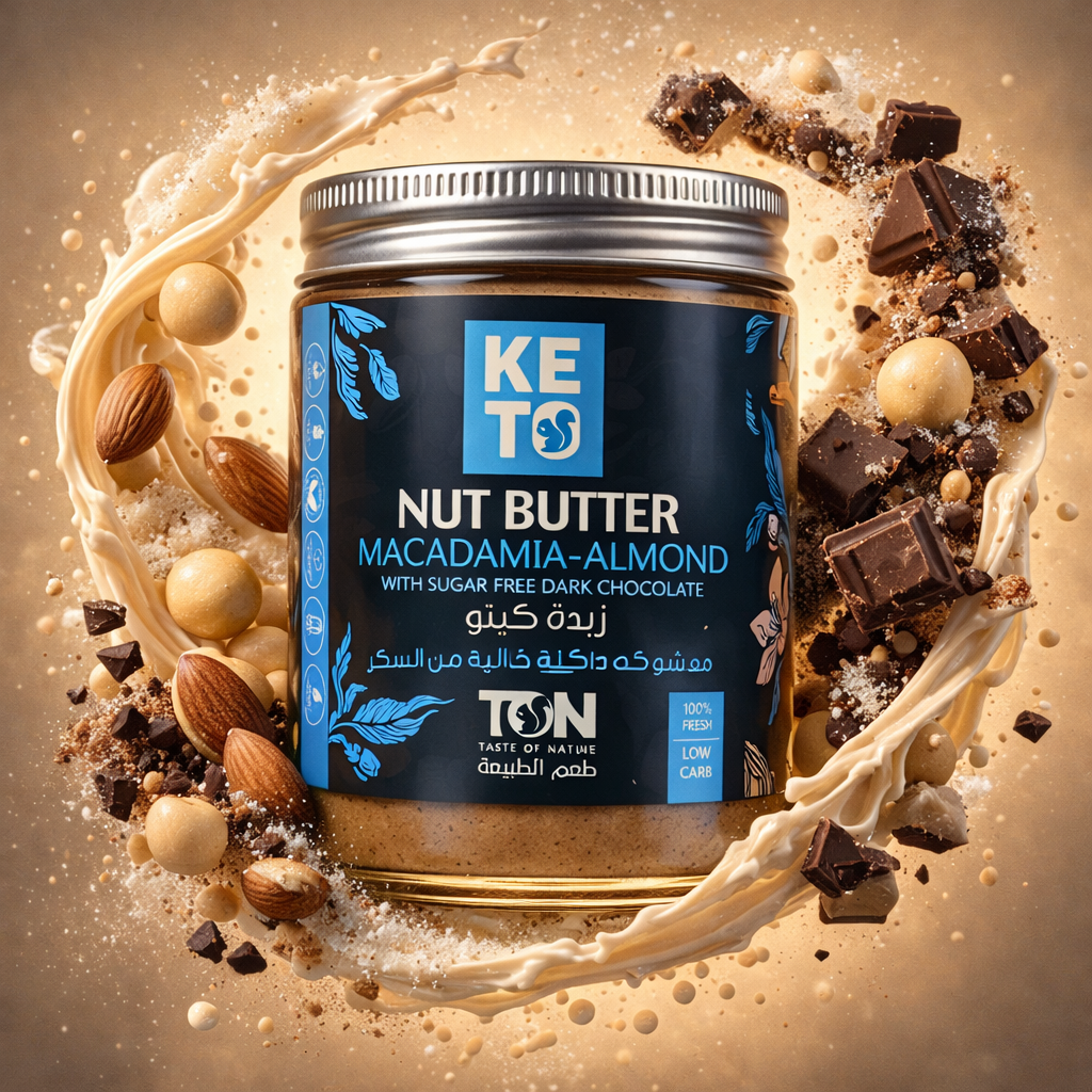 Jar of keto nut butter with macadamia and almond flavor surrounded by nuts and chocolate pieces KUWAIT-TON. Taste of nature