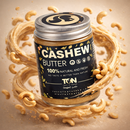 Jar of cashew butter with cashews Premium nut butters, dried fruits, and natural nuts in Kuwait by TON healthy food store.