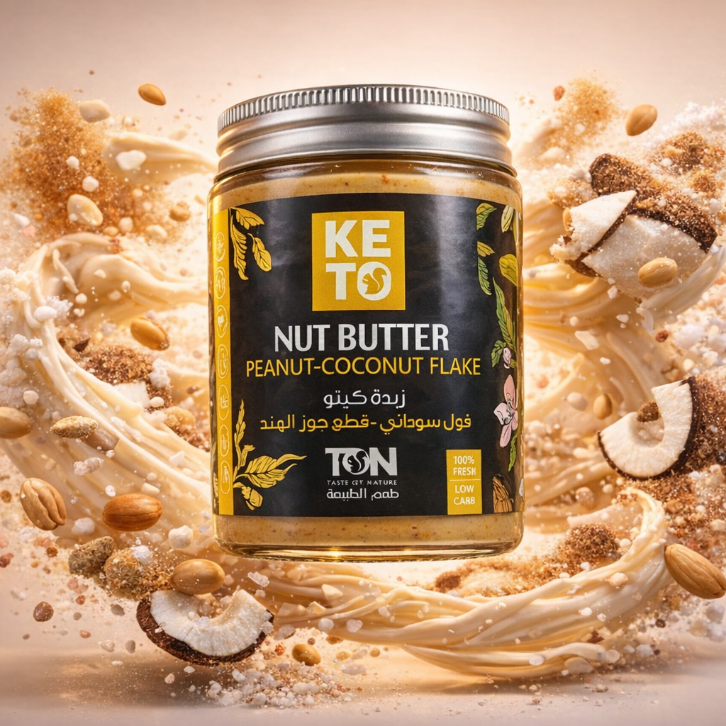 Jar of Keto Nut Butter with coconut and peanut pieces 