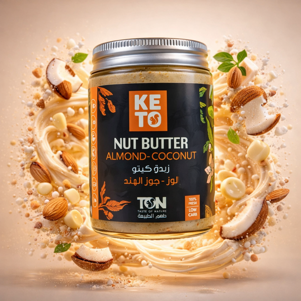 Jar of keto almond-coconut nut butter with almonds and coconut -KUWAIT