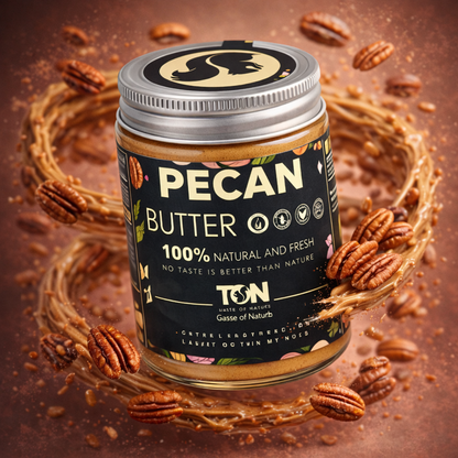 Jar of pecan butter with pecans around Taste of nature