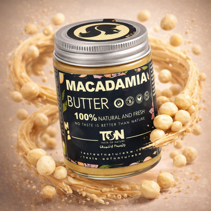 Jar of macadamia butter with macadamia nuts around on a beige background
