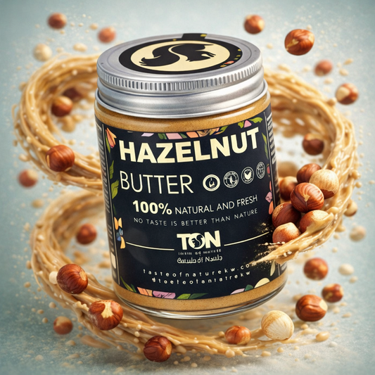Jar of hazelnut butter with hazelnuts around Taste of nature